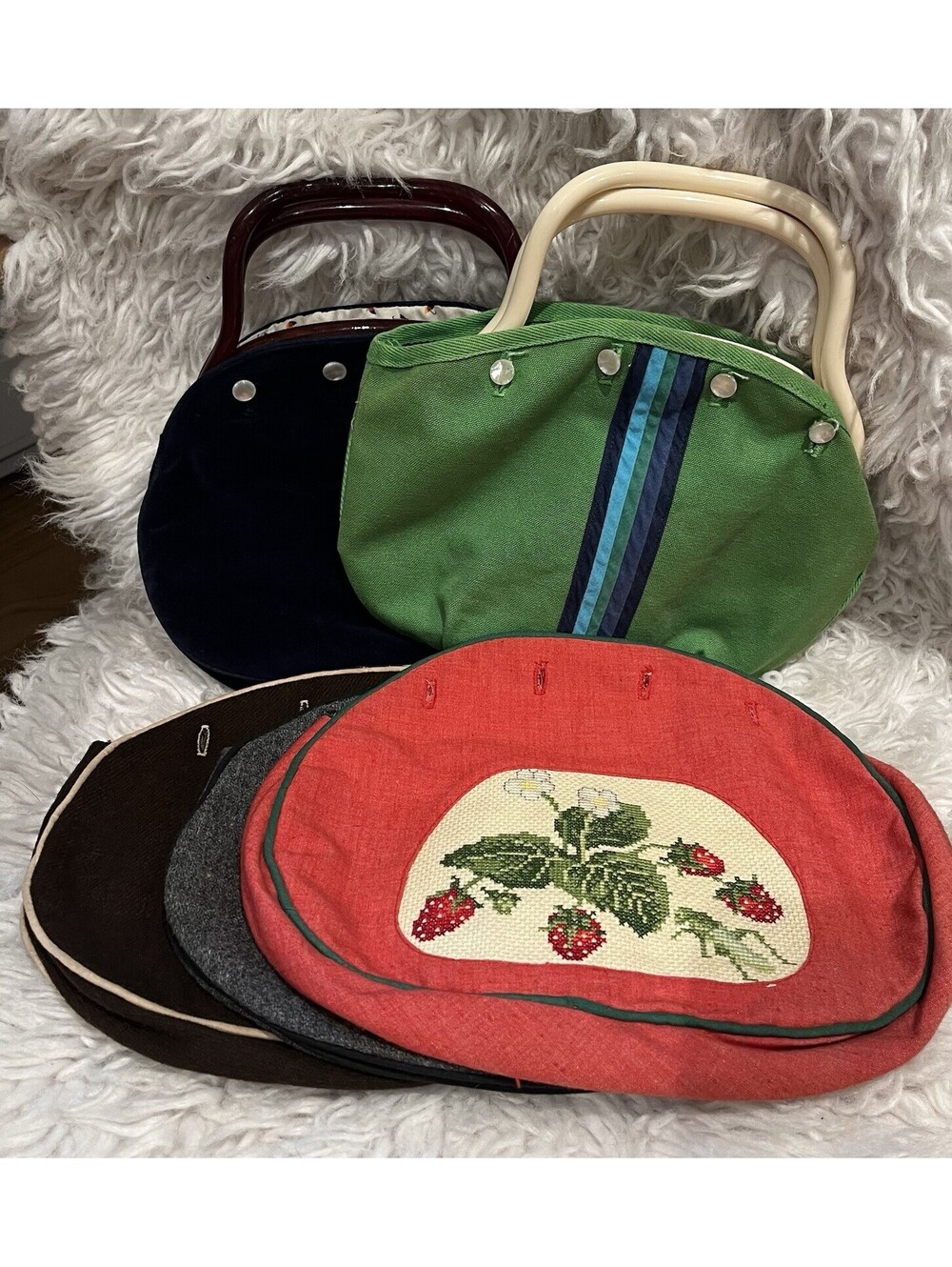 Vintage Bermuda Bags (2) + 3 Covers Embroidered Purses Lucite White/Brown Frames